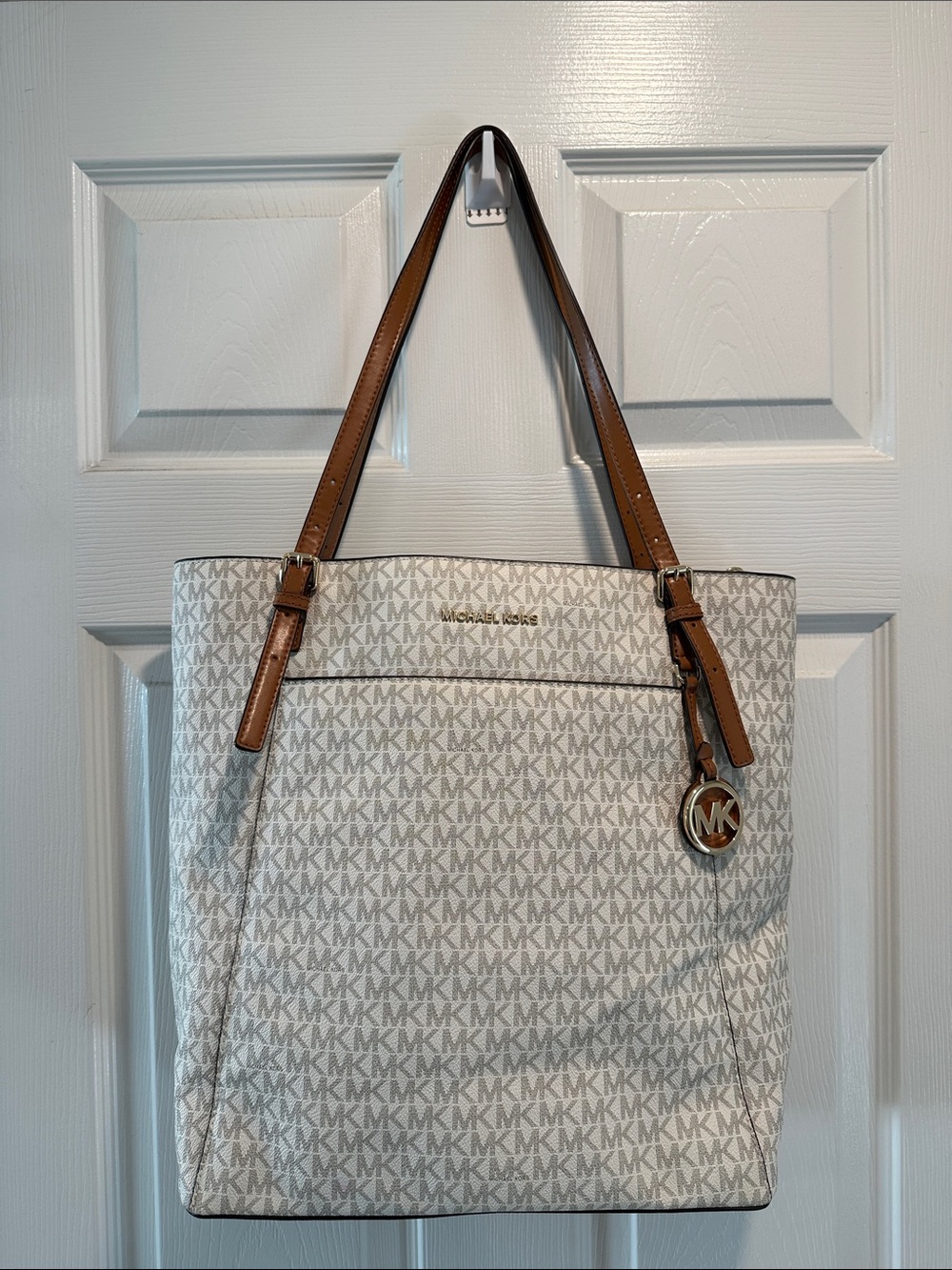 Michael Kors Cream MK Logo Tote with Brown Straps gold hardware